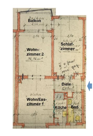 Sanierte 3,5 Zimmer-KDB Wohnung (ca. 70 qm) mit Einbauküche und Balkon / Holsterhausen – Grundriss