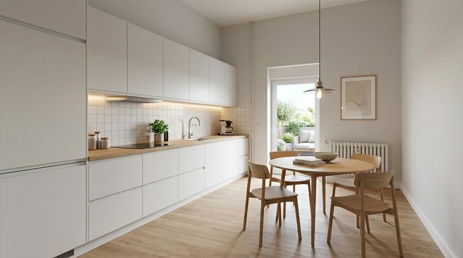 3-room ground-floor apartment with terrace facing the quiet courtyard – flexible layout in Essen-Kray – Küche mit Terrassen Ausgang 