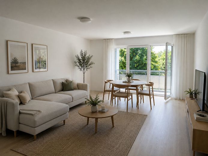 Direkt am Rebstockpark: Helle 3ZW mit Balkon und Fußbodenheizung – Wohnzimmer