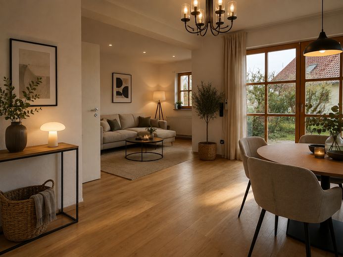 Maison jumelée adaptée aux familles avec jardin, sauna, studio et sous-sol à Stegaurach – Wohnzimmer *KI generiert*