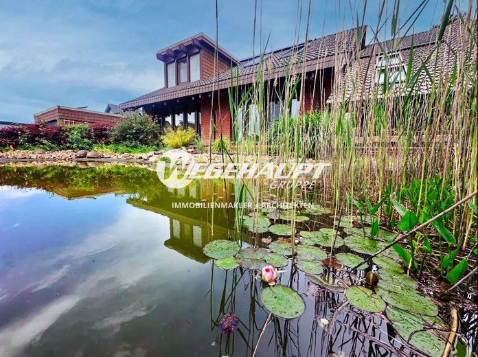 Einzigartige Architektenvilla am Waldrand bei Zerbst - ein Ort, wo Raum, Licht &amp; Natur verschmelzen – Teich Sued-West Ansicht