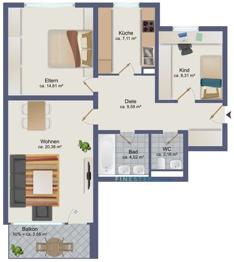 Selten in München: Uneinsehbare Wohnung mit Balkon ins Grüne – GRUNDRISS