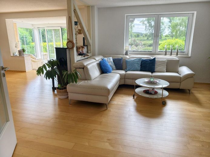 Effizienzhaus A am Kummerower See – Wärmepumpe, PV, Pool, Sauna & nah zum Hafen – Wohnzimmer mit Gartenblick