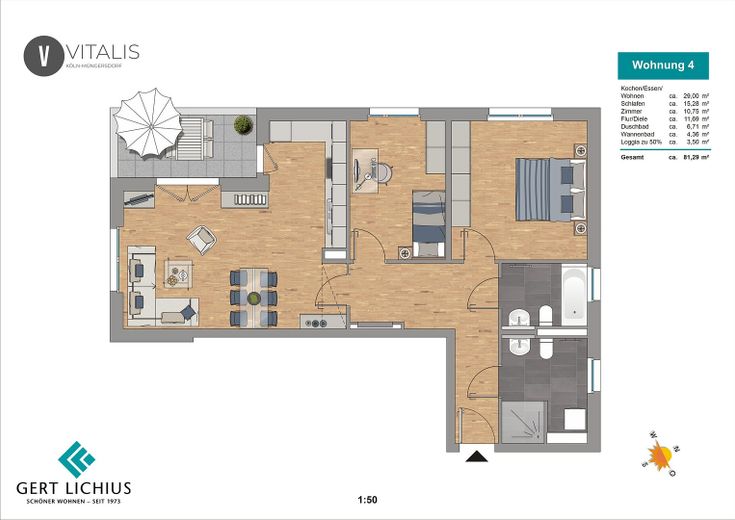 Raum zum Leben: Neubau 3-Zimmer-Wohnung mit 2 Tageslicht-Bäder in Köln Müngersdorf – Grundriss