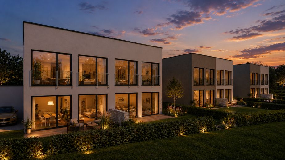 IHR TRAUMHAUS IN GANGELT-STAHE: FLEXIBEL, NACHHALTIG & SCHAFFEN FÜR JEDE LEBENSPHASE – Gartenansicht Nacht