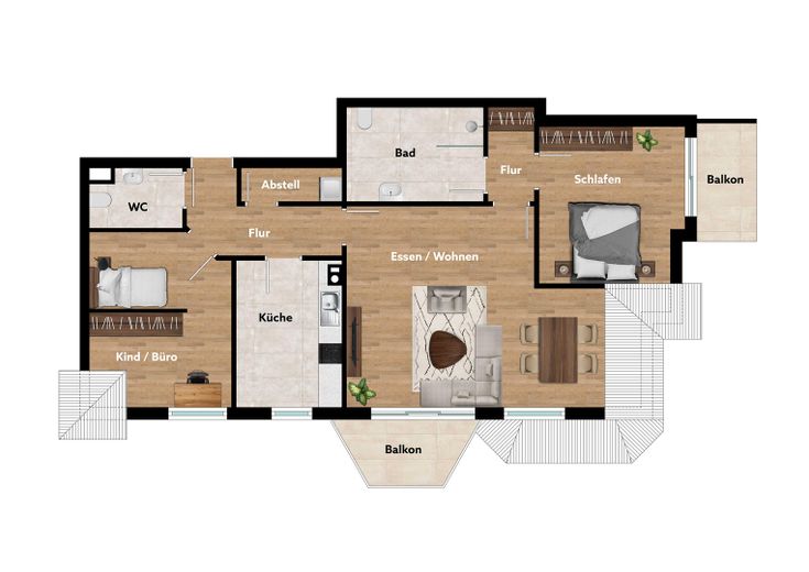 Klimatisierte 3-Zimmer-Wohnung mit 2 Balkonen – frisch saniert, sofort bezugsfrei, provisionsfrei – Grundriss