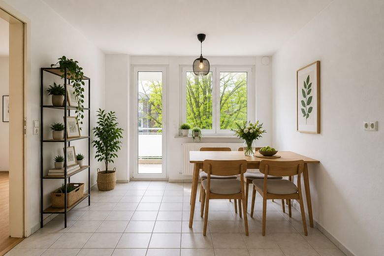 Appartamento per famiglie di rara bellezza – balcone esposto a sud-ovest, 2 bagni e posizione tranquilla di prim’ordine a Freiburg-Vauban – Wohn/Essküche - Naturblick