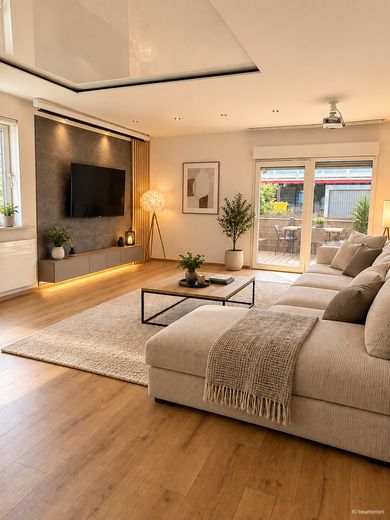 Komisyonsuz: Teraslı, konut amaçlı kullanılan bodrum katı ve hobi/sinema odalı 3,5 oda – TV Wand mit Möbel 