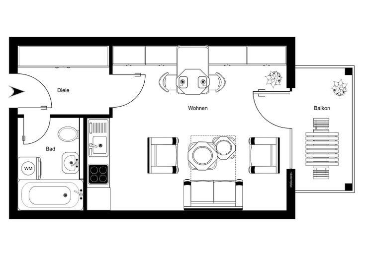 Apartamento amueblado de 1 habitación con gran balcón y plaza de aparcamiento en Ba-Ost – Grundriss