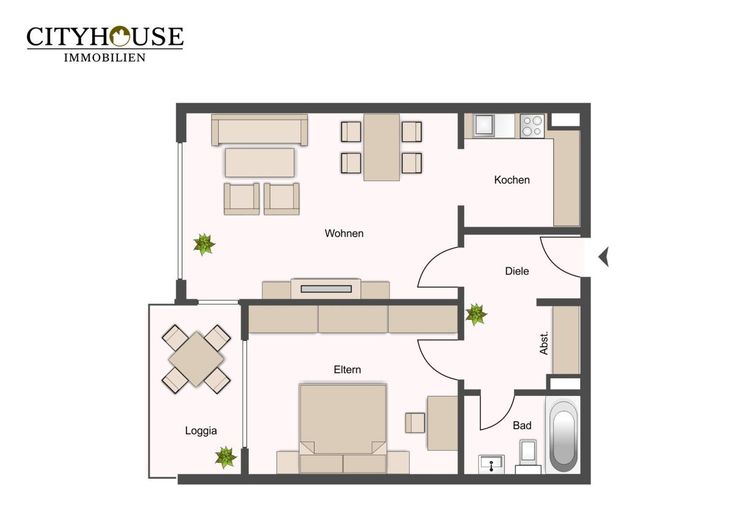 CITYHOUSE: Gepflegte 2 Zimmer Wohnung mit großem Balkon, Keller und TG Stellplatz in zentraler Lage – Grundriss 1.OG mit Balkon
