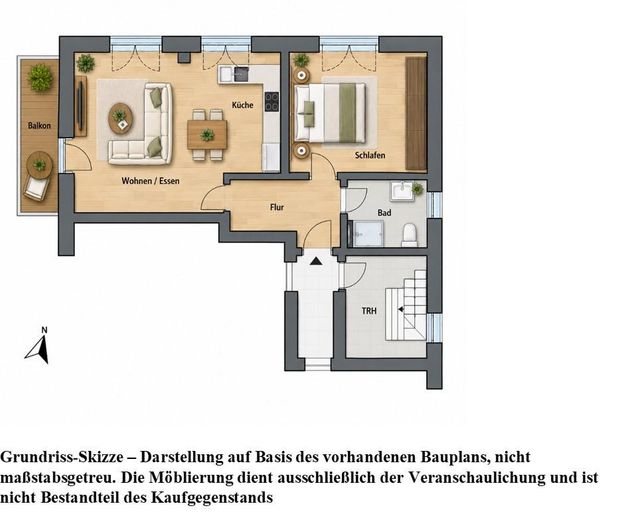 Moderno appartamento di 2 locali con ampio balcone e posto auto in garage sotterraneo a Monaco-Obermenzing – senza commissioni – Grundriss-Skizze