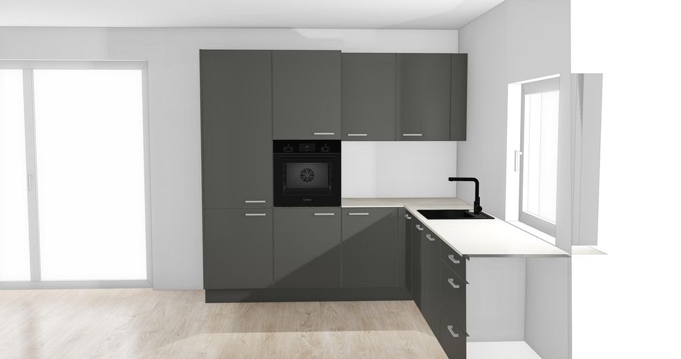 Primera ocupación: 2× vivienda de 3 habitaciones con isla de cocina – a elegir con jardín de 100 m² o balcón orientado al sur – Küchenansicht Seite