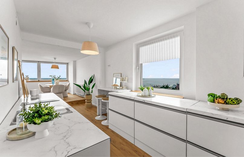 Geniş manzaralı yaşam – Bremerhaven çatılarının üzerinde cazip şehir dairesi, komisyonsuz – Küche