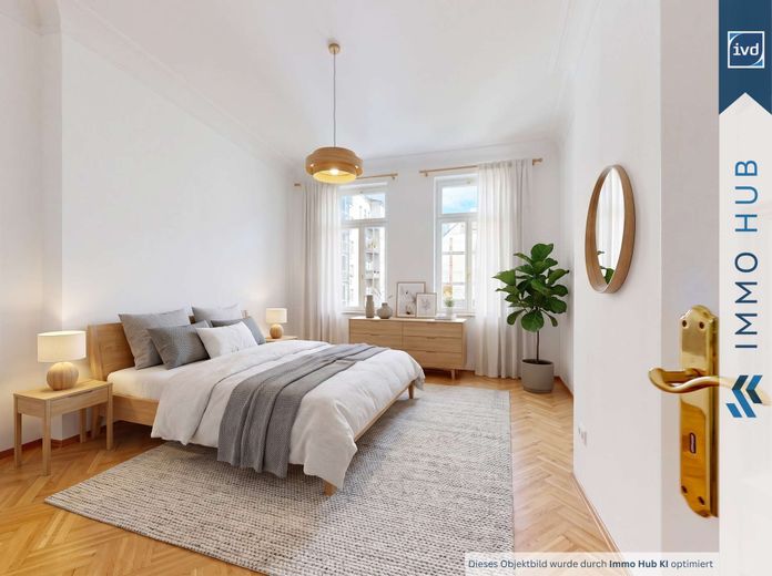 ++ Bezugsfreie, traumhafte 3-Zimmer-Altbauwohnung mit Stuckelementen und hochwertiger Ausstattung ++ – 5999539-pM6Gw9vighjvxz5bzw5HWJZb-Schlafzimmer digital gestaged.jpg