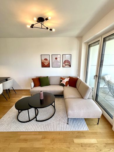 Möblierte 2-Zimmer-Wohnung in erster Reihe zum Main – Lichtdurchflutetes Wohnzimmer