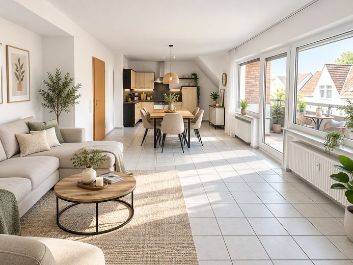Über den Dächern von Langenfeld – 3 Zimmer mit Balkon & Einbauküche – Wohn/Essbereich Ki Bild