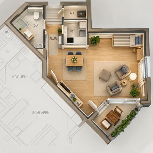 Helles 1-Zimmer-Apartment mit Südbalkon, Einbauküche und Stellplatz in Nürnberg-Laufamholz – Grundriß