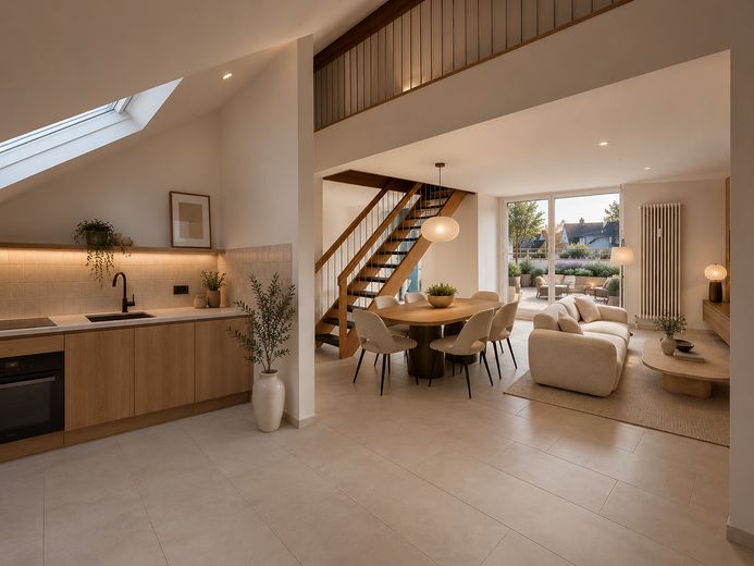 Zentral gelegene 4-Zimmer Maisonettewohnung mit 70m² Dachterrasse und Tiefgaragenstellplatz – Wohn-/Esszimmer möbliert