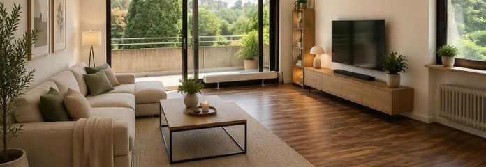 100 m² de sensación de hogar junto a la zona de protección paisajística | Ideal para piso compartido de 2 personas, parejas, solteros, estudiantes y expatriados – Wohnzimmer  (KI eingerichtet)