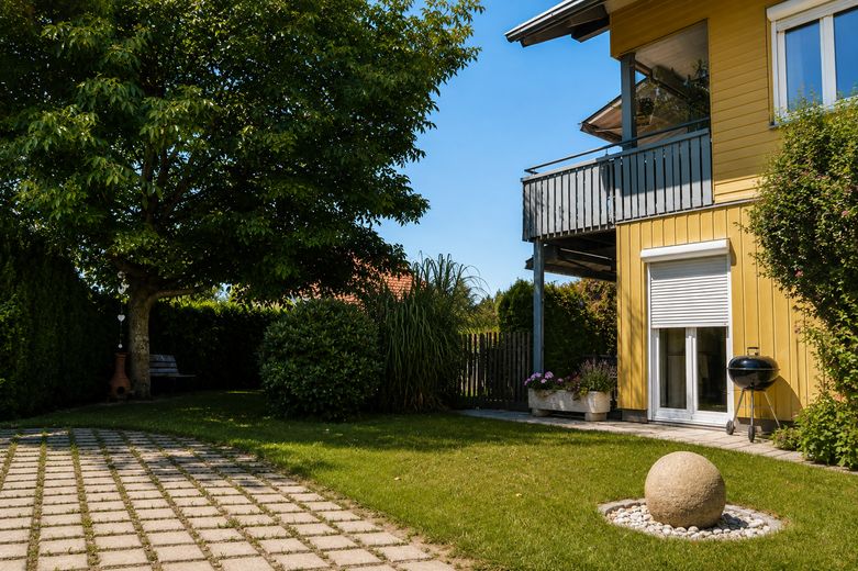 Sehr sonniges Holzhaus, KfW60, Isny-Großholzleute, EG barrierefrei, – Garten Walnussbaum