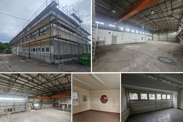 Capannone freestanding senza pilastri in posizione tranquilla con uffici e servizi sociali, area esterna possibile