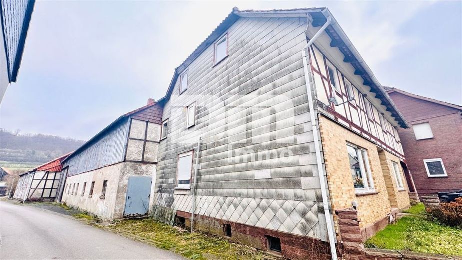 Wohn / Gewerbe Ensemble mit Wohnhaus, Stallgebäude, großer Scheune sowie Nebengebäude – Seitenansicht Wohnhaus / Stallgebäude / Scheune