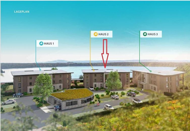 Sofort einziehen: Exklusive Neubauwohnung am Steinberger See mit Terrasse – Ansicht Haus 2 mit Seeblick
