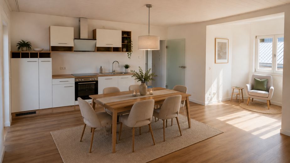 Saniertes 4,5-Zimmer-Reiheneckhaus in ruhiger Hinterhauslage in der Altstadt – Einrichtungsbeispiel (KI)