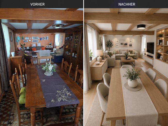 Encantadora casa de entramado de madera con patio interior, dos garajes y mucho potencial – Wohnzimmer aktuell - KI Idee