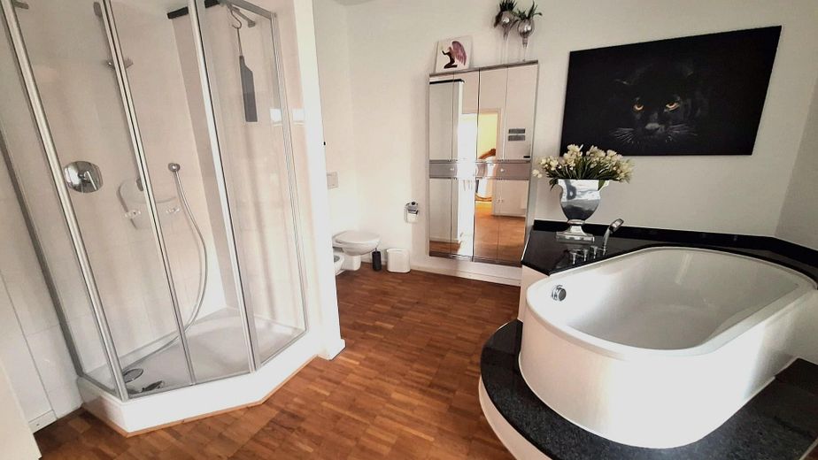 Möblierte, großzügige 2 Zimmer-Wohnung, WG-geeignet, Innenstadt, Südbalkon – Badezimmer