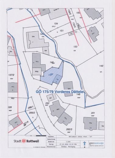 Baugrundstück erschlossen, mit vorhandener großen Garage u. kleiner Werkstatt – Lageplan farbig