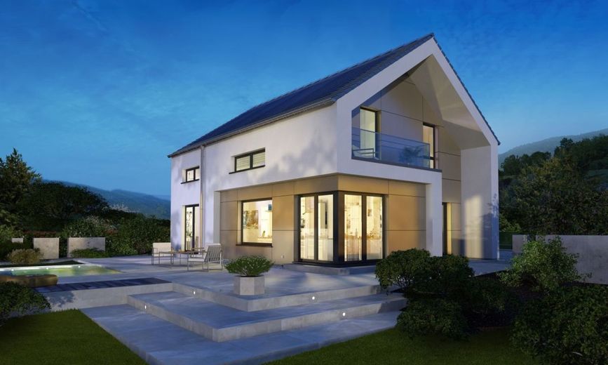 DESIGNHAUS DER EXTRAKLASSE – Ansicht Garten Abend Trespa