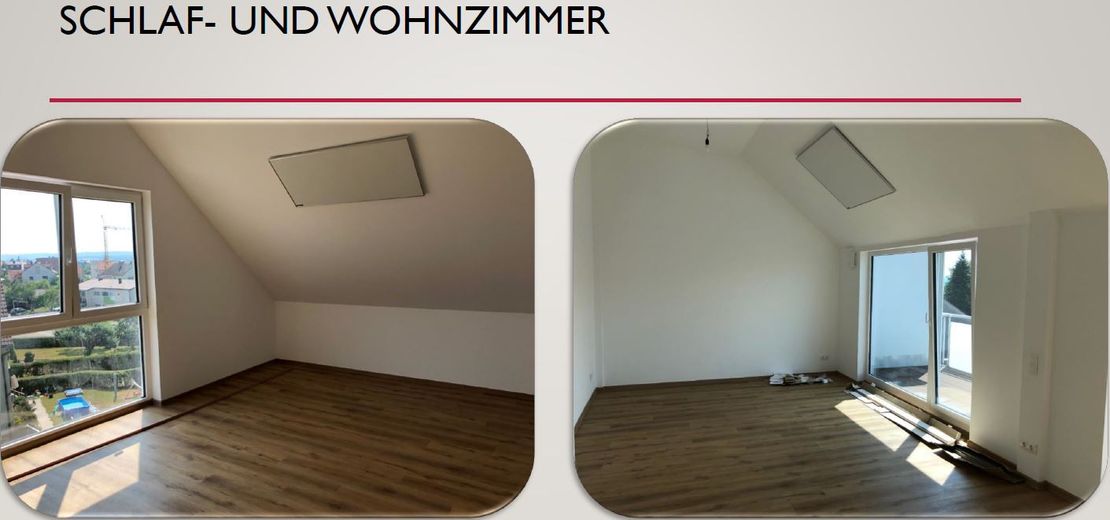 Moderne 4-Zi.-Penthouse-Whg. | 92 m² | Sonnen-Süd-Loggia | Küche | hohe Decken | 2 Stellplätze – hohe Decken, wenig Schrägen