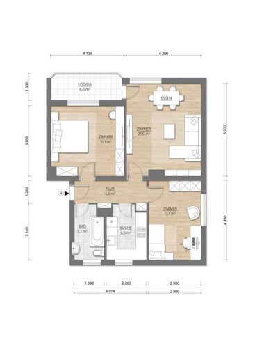 Vermietete 3-Zimmer-Wohnung mit Südwest-Balkon in Frankfurt-Ginnheim – 177 - Grundriss-Skizze