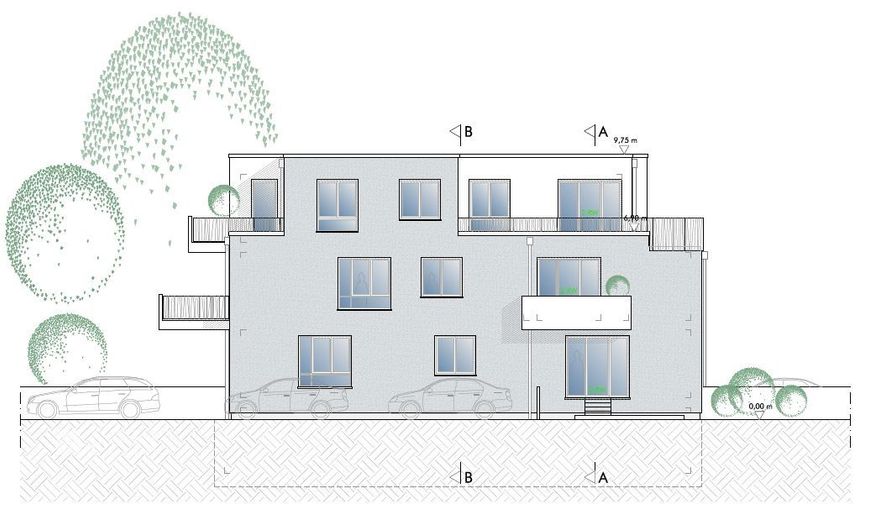 2 Zi.-Souterrain-Whg mit Gartenanteil / Grundriss variabel / mit Fahrstuhl – Ansicht Südost