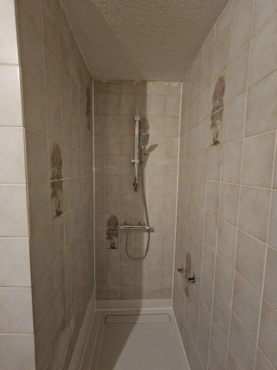 Licht 1-kamerappartement op de begane grond met balkon, mogelijkheden voor een inbouwkeuken & berging – Dornheimer Ring 81 – Duschbereich