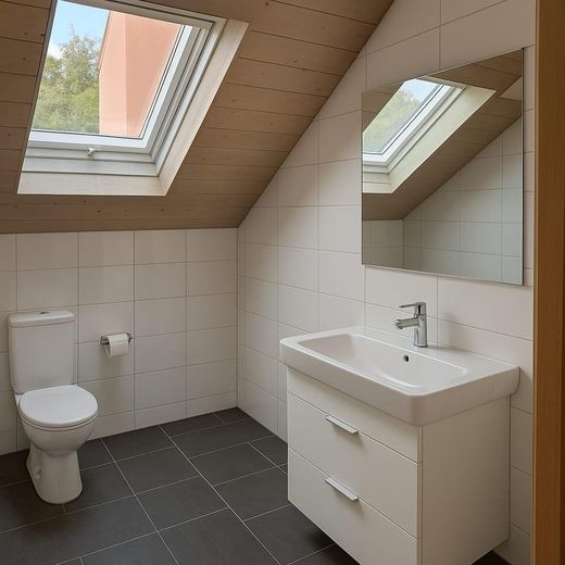Haldenwang: freie 4 Zi- DG-Wohg.,99qm,Balkon, 1Garage,1Stellplatz, Keller – Bad mit großem Dachfenster