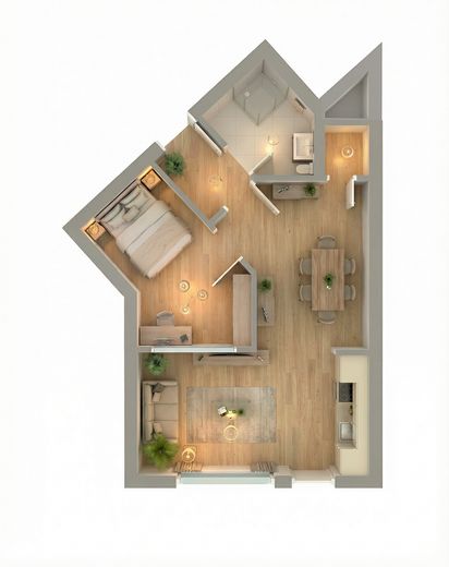 Investment-Highlight: sanierte und vermietet 2-Zimmer-Wohnung mit 6% Rendite – Grundriss 3D