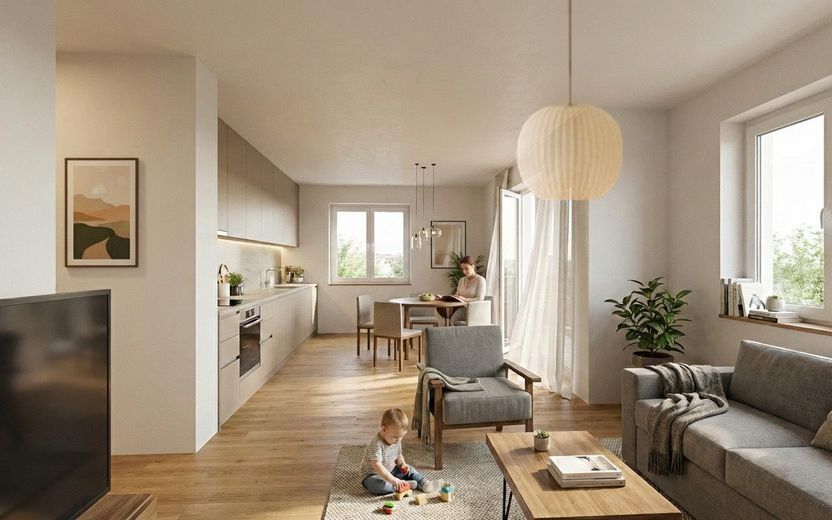 4-Zimmer-Familienparadies: Neubau-Erstbezug mit 2 Bädern, Privatgarten und eigenem Stellplatz! – Wohn-/Esszimmer