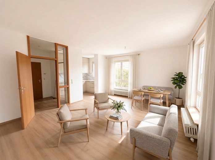 Helle 2-Zimmer-Wohnung in Kornwestheim | Terrasse, Garten, TG, renoviert & E-Rollläden – Wohnzimmer – Einrichtungsbeisp