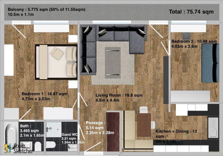 Fully Furnished 3 Room Apartment in Mitte with Guest WC – Floor Plan with Sizes
