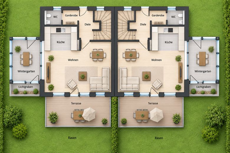 नया निर्माण - सपनों जैसी लोकेशन में दोहरे घर का आधा हिस्सा, उत्तम दिशा के साथ – Grundriss EG (KI Inhalte)