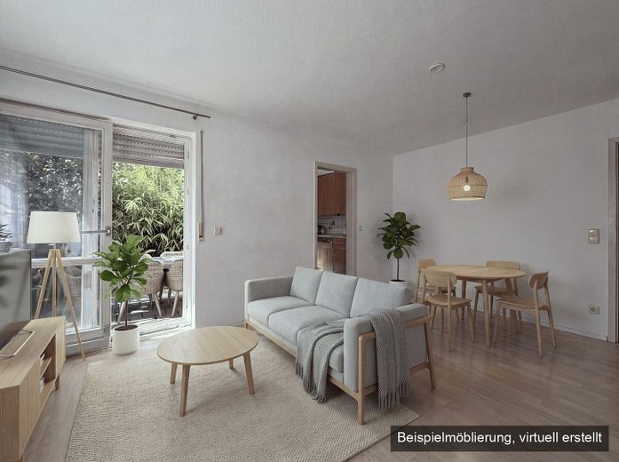 Helle 3-Zimmer-Erdgeschosswohnung mit Terrasse, Garten und Fußbodenheizung, Stellplätze optional – Blick zur Terrasse (KI-möbl.)