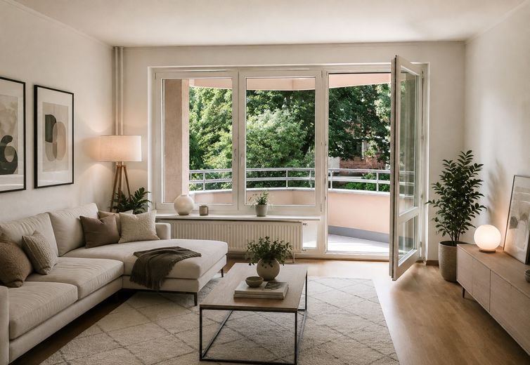 Vivir rodeado de naturaleza en el centro de Berlín | Amplio piso de 2 habitaciones con balcón y plaza de garaje subterráneo | sin comisión – Wohnzimmer