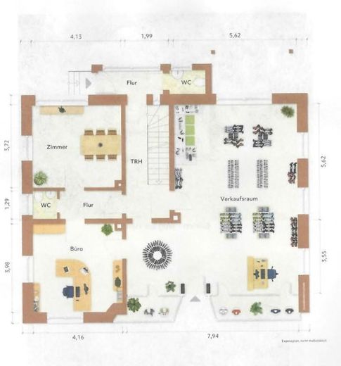 Central residential and commercial building with commercial hall and PV system – Grundriss EG