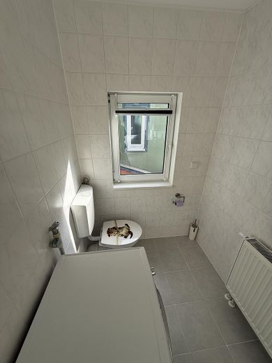 möbliertes Zimmer in Wohngemeinschaft in denkmalgeschütztem Gebäude – Waschmaschine und Toilette