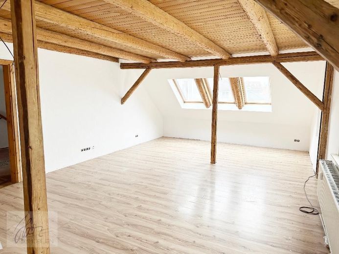 ***VIEL PLATZ &amp; BESONDERER WOHNCHARAKTER - 6-ZIMMER-MAISONETTE MIT KAMIN*** ab demnächst zu vermieten – Wohnzimmer mit Kaminofen &amp; Holzbalkendecke - untere Wohnebene