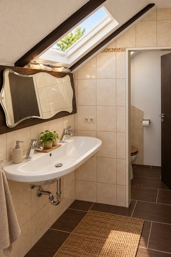 Eigenes Haus statt 3-Zimmer-Wohnung – Garten, Stellplatz, ausgebauter Keller, kein Hausgeld (privat) – OG Bad Waschbecken