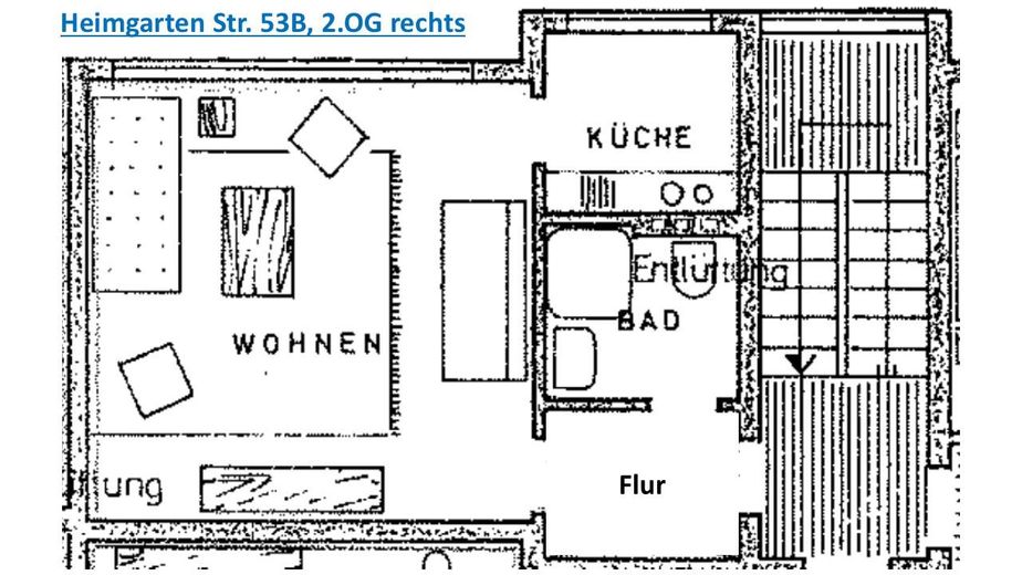 Renovierte 1-Zimmer Wohnung mit Einbauküche, Waschmaschine und Parkplatz – Grundriss