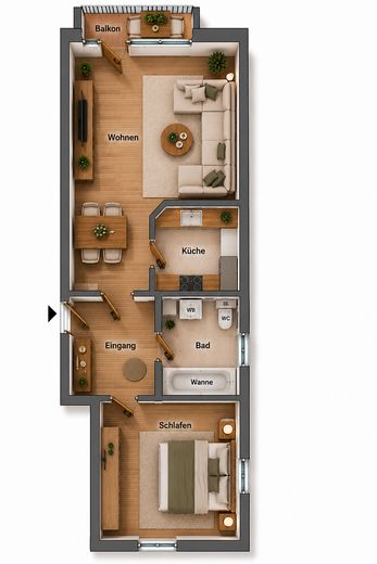Teraslı ve ankastre mutfaklı aydınlık 2 odalı daire – Grundriss